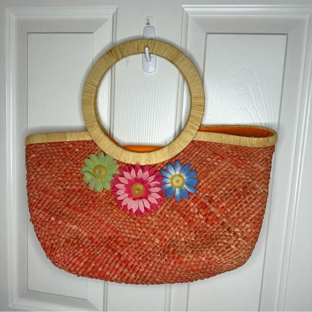 VTG Marld Orange Woven Straw Floral Medium Sz Handbag Bohemian Retro Spring 90s - Picture 3 of 9